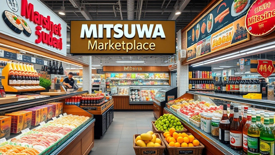 Explore Mitsuwa Marketplace Cypress Opening with colorful displays of sushi, fruits, and beverages.