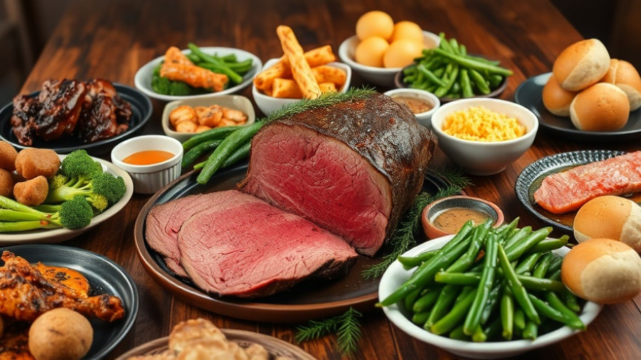 Logan’s Roadhouse holiday meal spread with prime rib and sides.