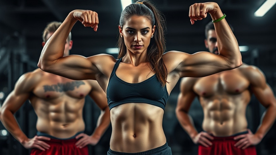 Muscular woman showing abs with two men in gym, showcasing top 5 ab exercises for a shredded midsection.