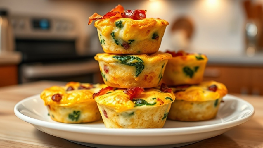 Turkey bacon egg cups stacked on a white plate, showcasing fluffy, golden muffins with visible turkey bacon and kale.