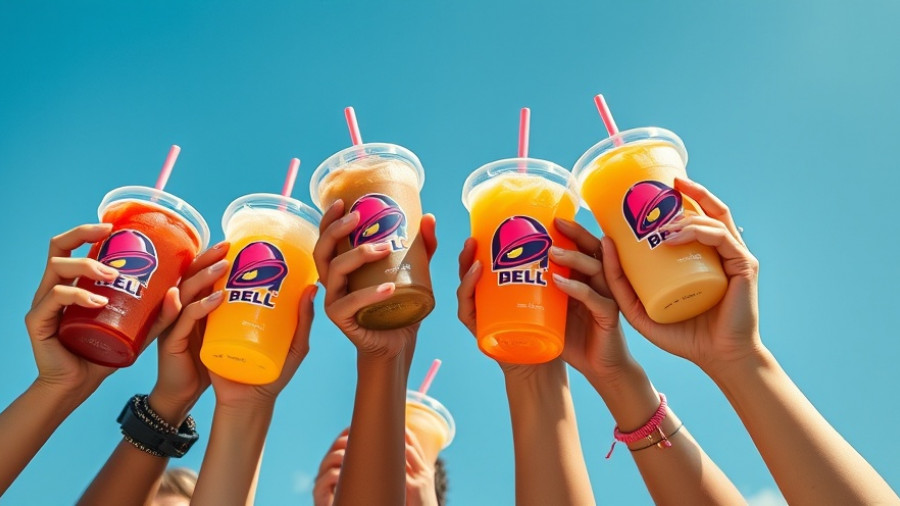 Cheerful hands holding Taco Bell beverages against blue sky for beverage sales promotion.