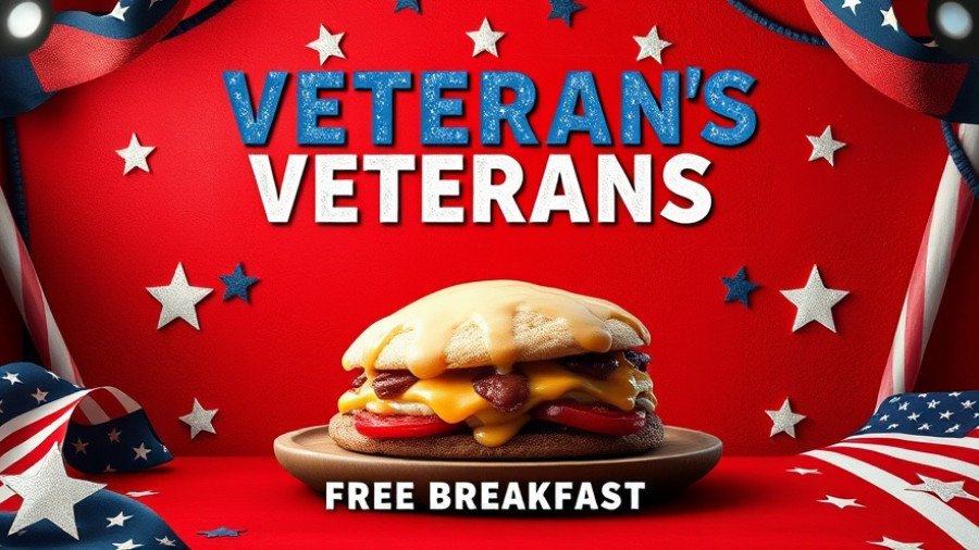 Free Breakfast for Veterans promotional flyer with patriotic theme.