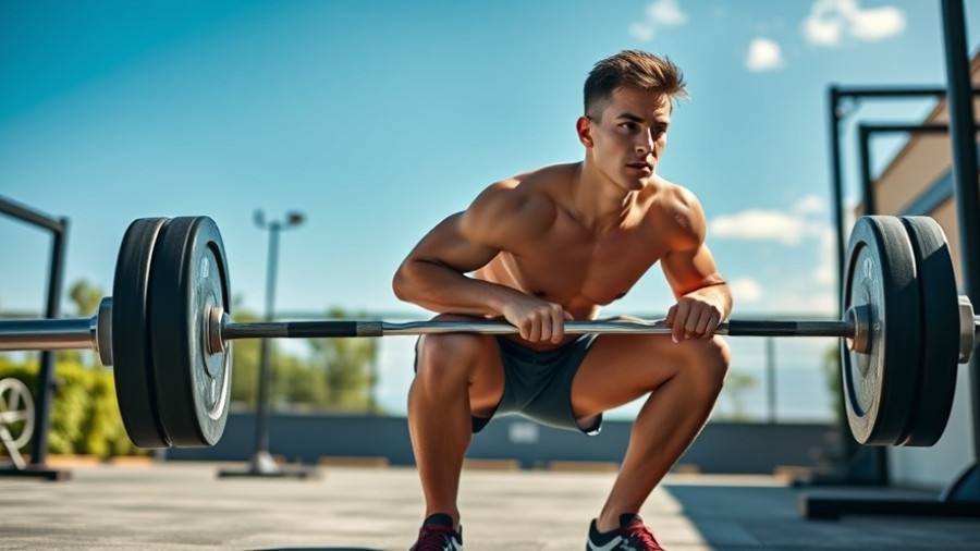 Athlete demonstrating proper squat form outdoors.
