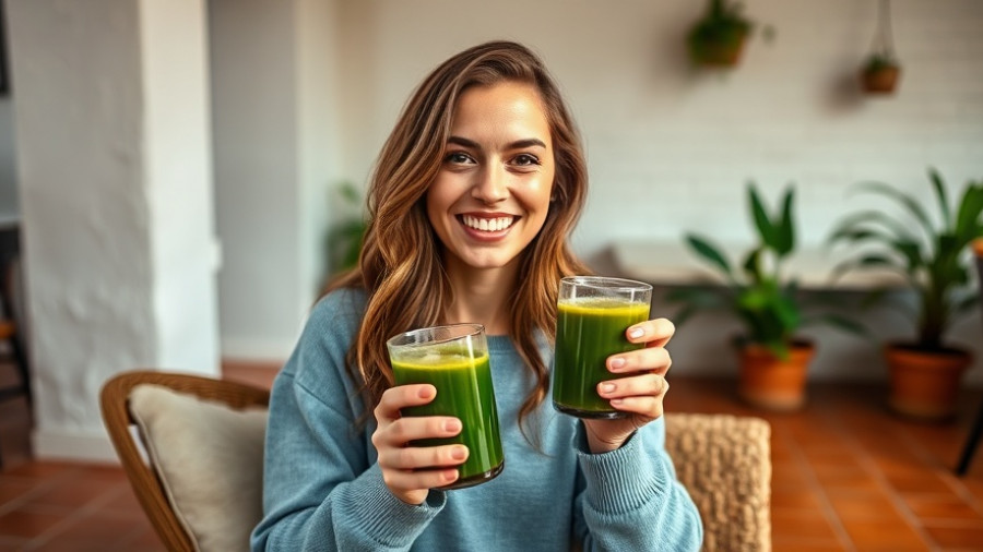 Casual fall juice date indoors with smiling woman and green juice.