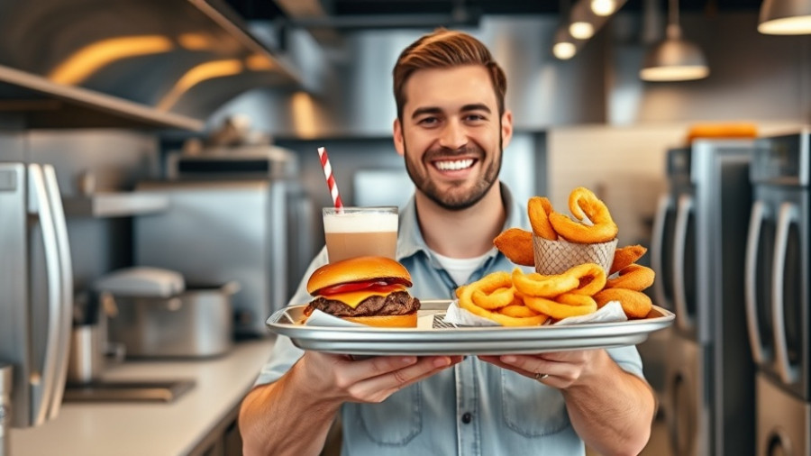 Bobby's Burgers Canadian Expansion: Man presenting burger meal in kitchen