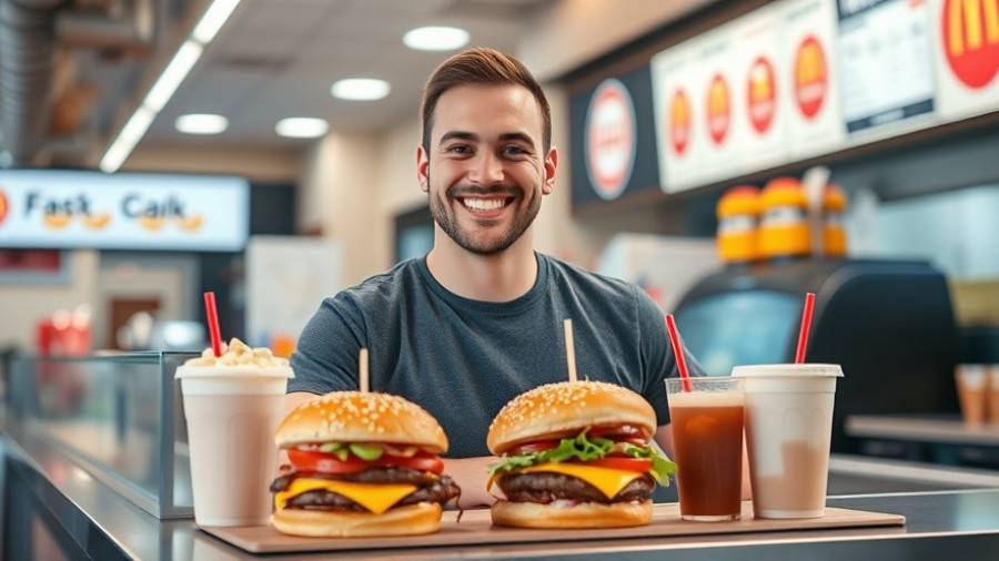 Fast food restaurant interior with man presenting burgers and shakes.