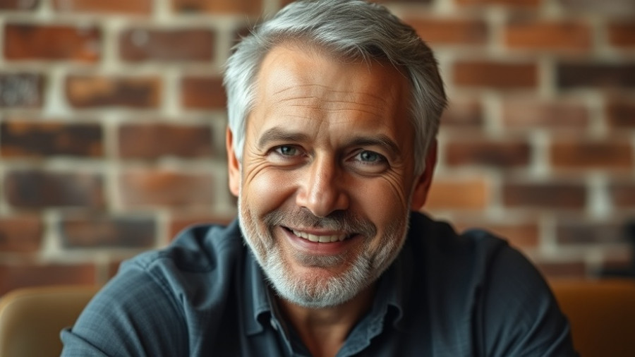 Middle-aged man wearing humorous t-shirt, seated indoors, smiling.