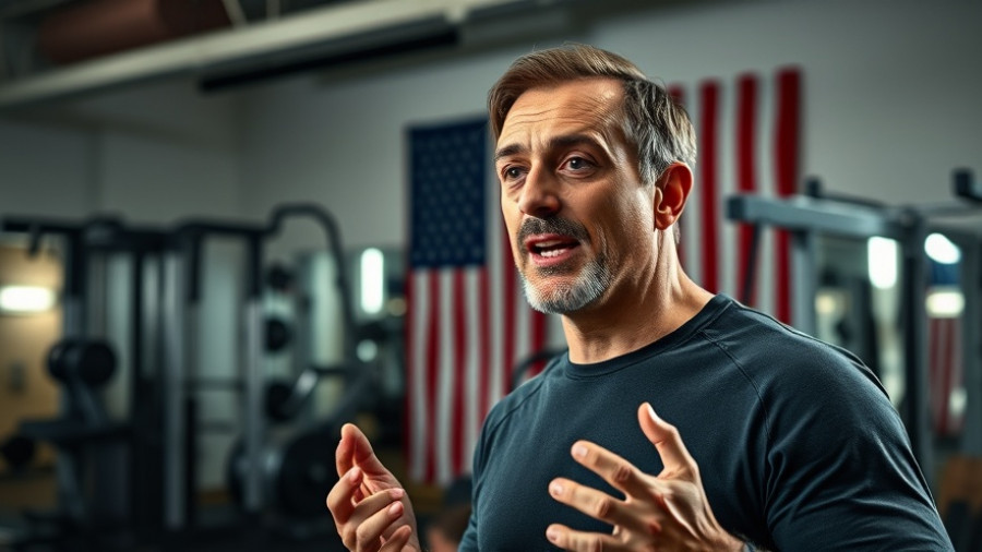 Middle-aged man presenting on strength training adaptation, gym setting.