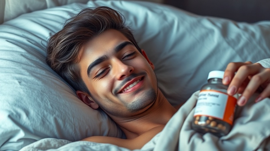 Man smiling while sleeping next to supplements for better sleep.