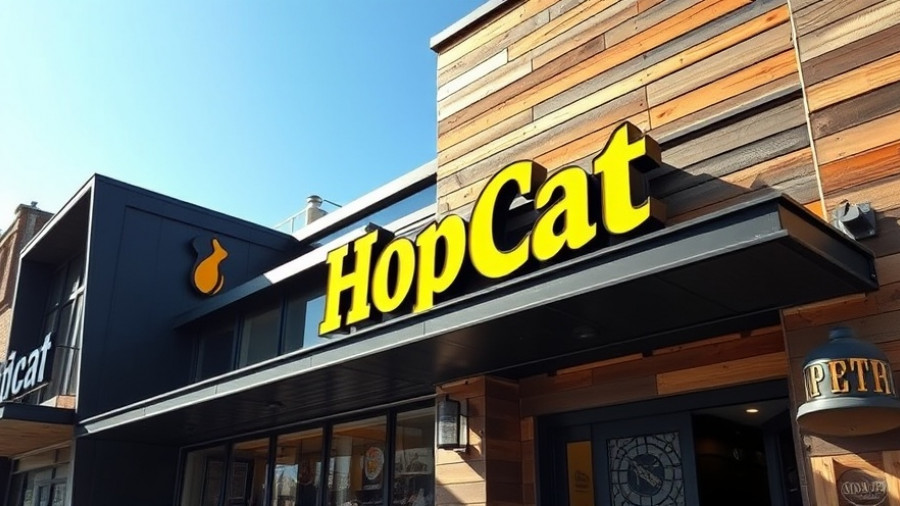 Modern HopCat building under bright blue sky.
