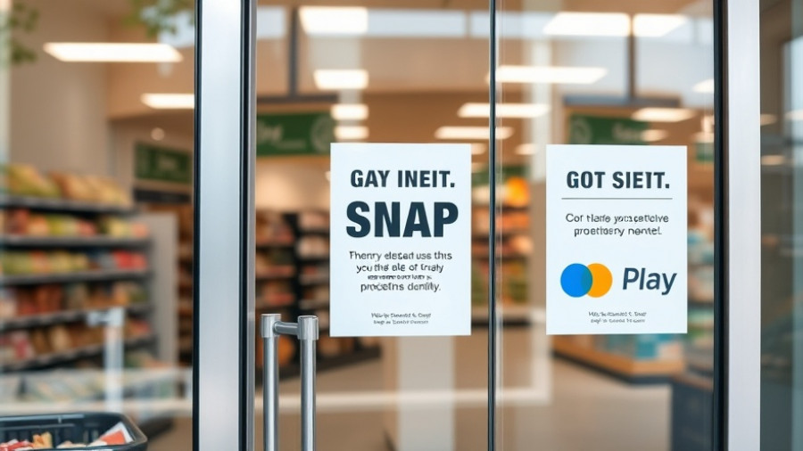 Glass door with SNAP and payment signs in grocery store entrance for SNAP benefits for children and seniors.