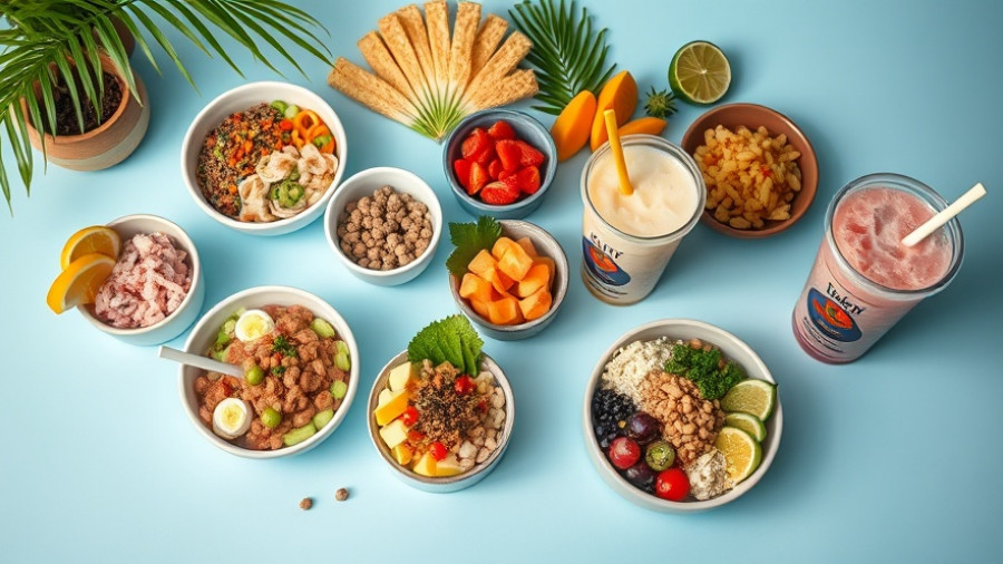 Uncle Sharkii Poke Bar bowls and drinks on pastel background.