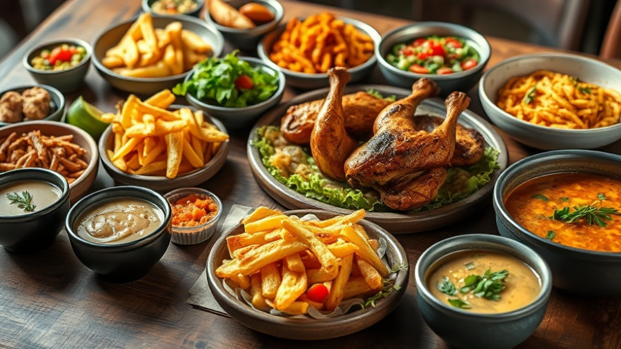 Colorful meal spread on a wooden table with salads and chicken.