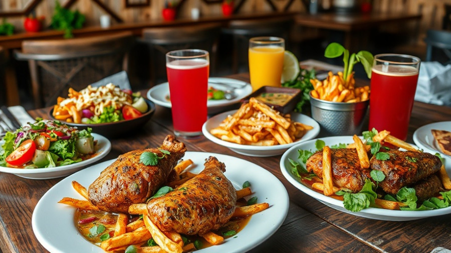Veterans Day restaurant promotions: vibrant meal display on wooden table.