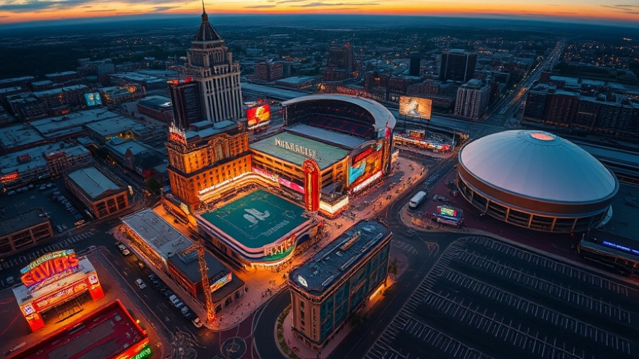 Aerial view of Westgate Entertainment District leasing opportunities at sunset.