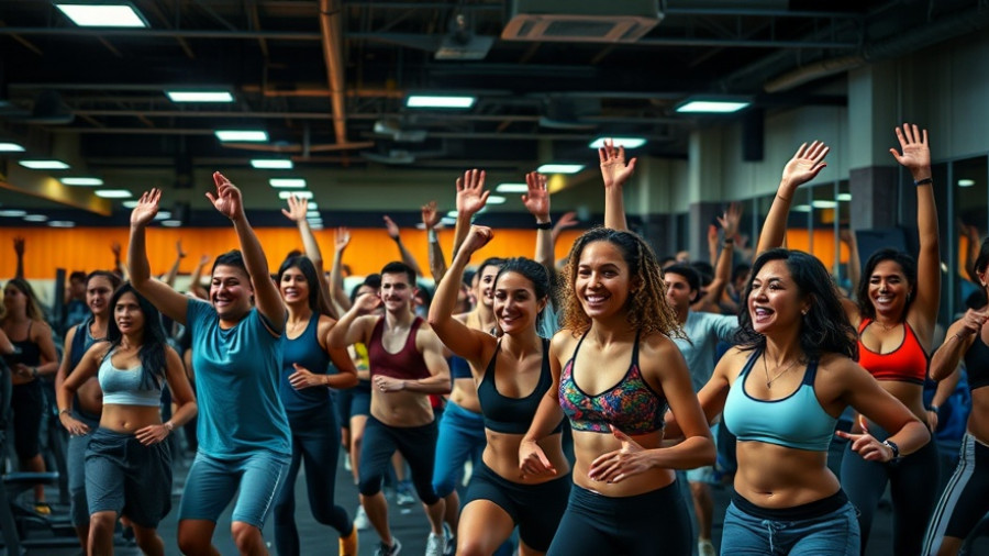 Vibrant gym scene with individuals working out, promoting fitness.