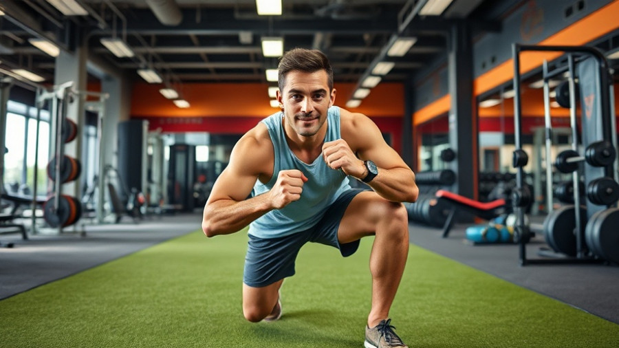 Confident man lunging in a modern gym, illustrating workout benefits.