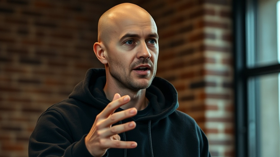 Cinematic photo of a bald man discussing athletic recovery indoors, emphasizing gesture.