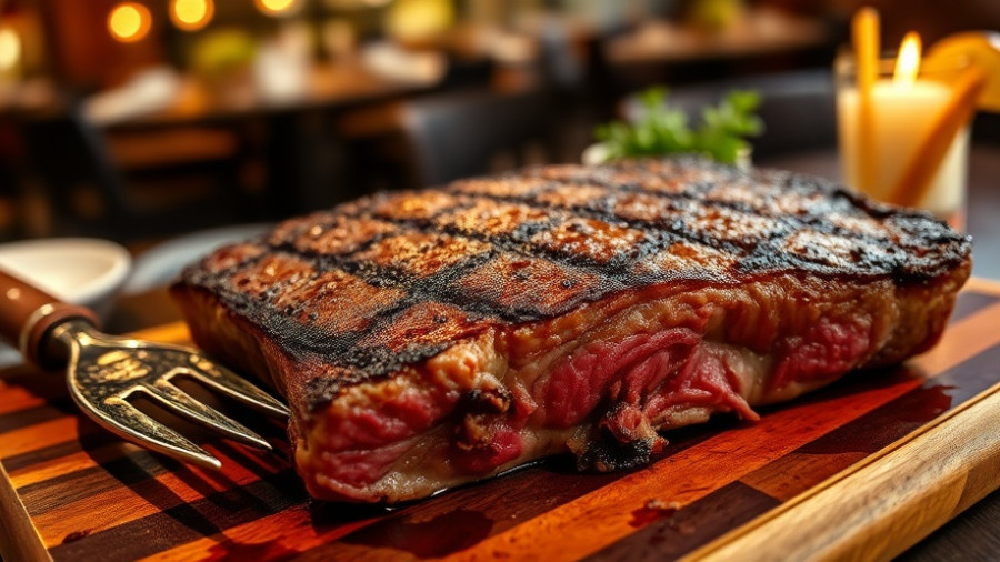 Juicy steak with decorative fork at H&H Brazilian Steakhouse Orlando