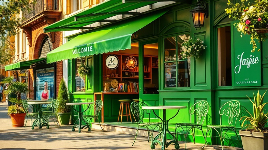 Outdoor seating area of Rachel's Kitchen showcasing green decor.