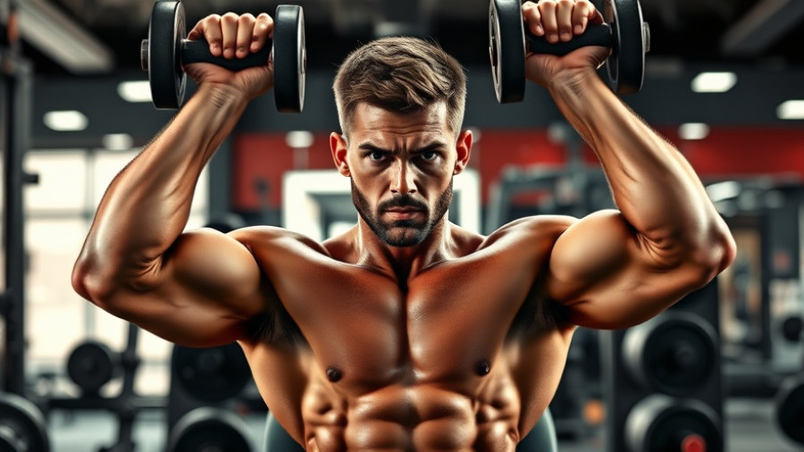 Muscular man performing seated dumbbell overhead press in gym.