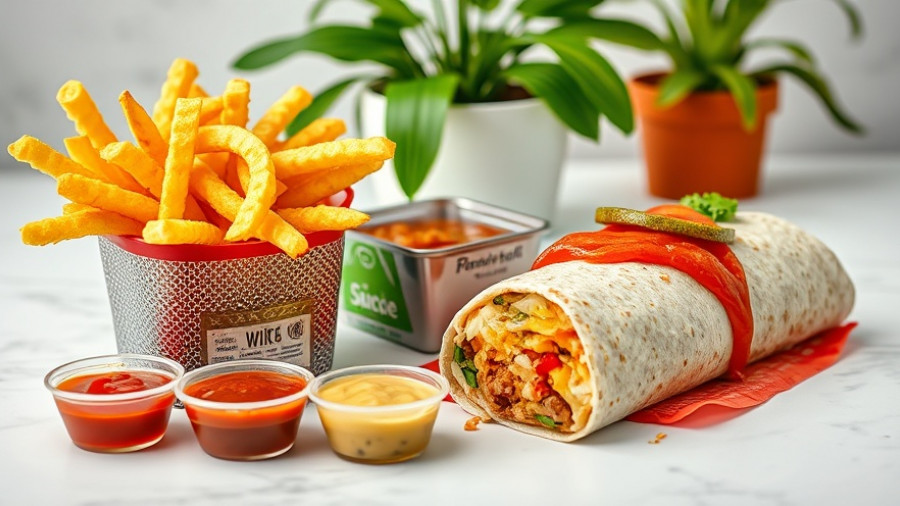 Del Taco Micro Meal on white countertop with sauces and plant.