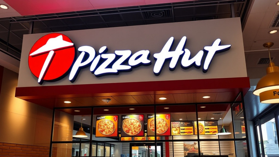 Front view of a modern Pizza Hut restaurant with vibrant logo display.