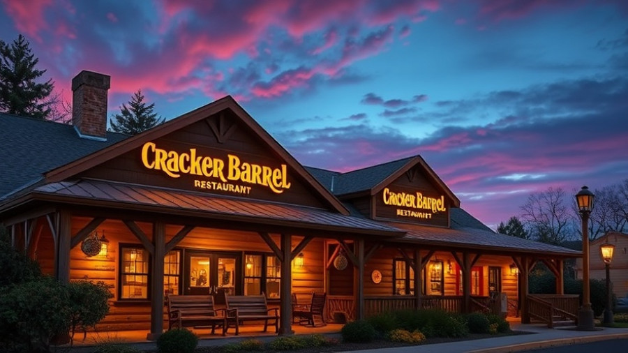 Charming Cracker Barrel restaurant exterior at dusk for Veterans Day.