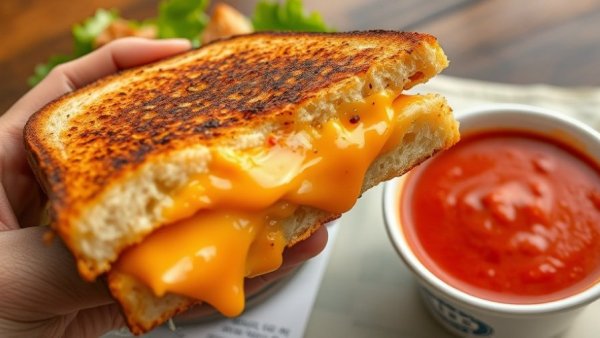 Cheesy grilled sandwich with salad and soup from Beyond Juicery + Eatery.