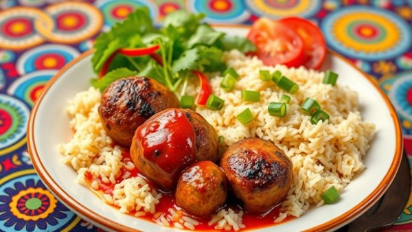 Delicious Turkish meatballs at Taziki's served with rice and salad.