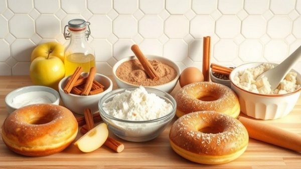 Natural ingredients for healthy baked apple cinnamon donuts on a counter.