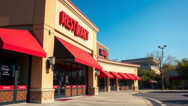 Exterior of an underperforming restaurant closed with red awnings.
