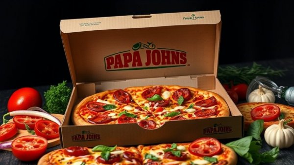 Papa John's pizza box with ingredients, highlighting cost cuts and sales decline.