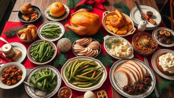 La Madeleine holiday menu feast with festive dishes on table.