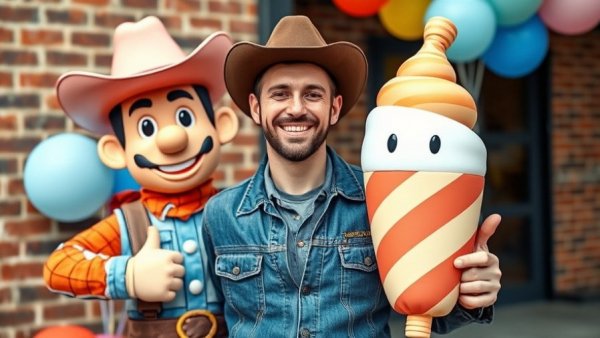 Josh Abbott meet and greet with mascots outdoors.