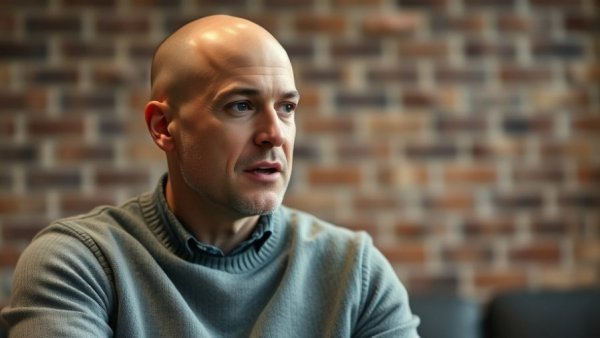 Bald man discussing creatine water weight impact, cinematic photo.