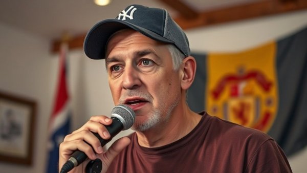 Middle-aged man discussing nightly fitness routines indoors.