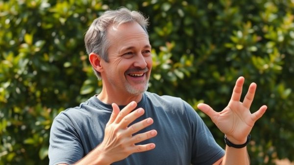 Middle-aged man discussing Ambrosia Planta health benefits outdoors.