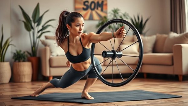 Woman using ab wheel in home gym, Christmas gift ideas for fitness enthusiasts.