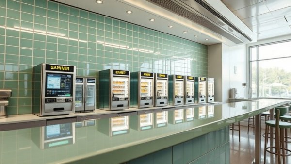 Futuristic restaurant automation design with kiosks and dispensers.