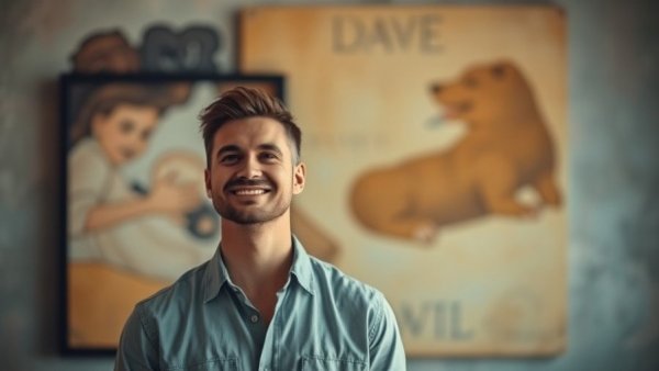 Confident man at Taziki's Mediterranean Cafe against artwork background.