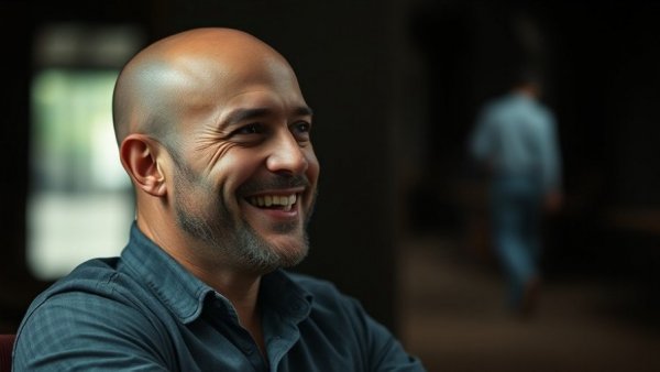 Bald man smiling while discussing seed oils, cinematic background.