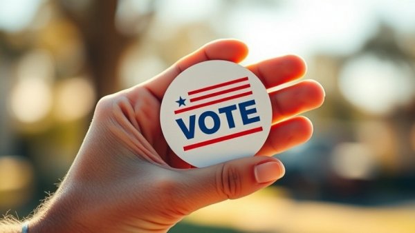 Close-up of 'I Voted' sticker; restaurant industry election results.