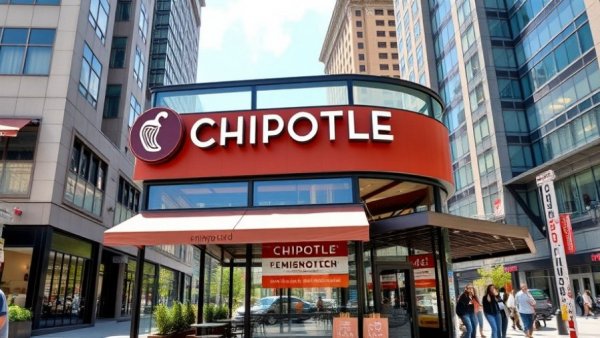 Chipotle restaurant exterior, urban setting, glass facade.