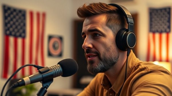 Confident man podcasting with an engaging expression, cinematic setting.