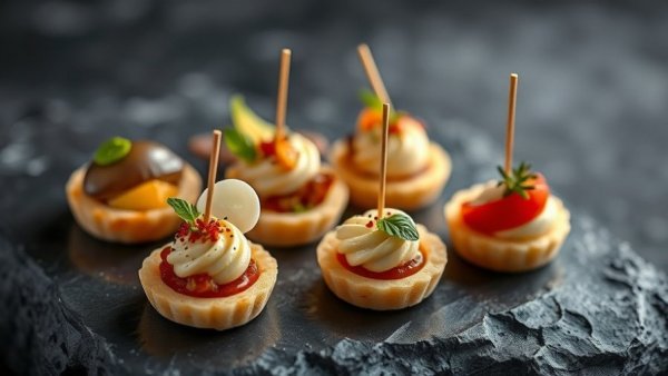 Fine dining appetizers with gourmet garnishes on dark stone surface.