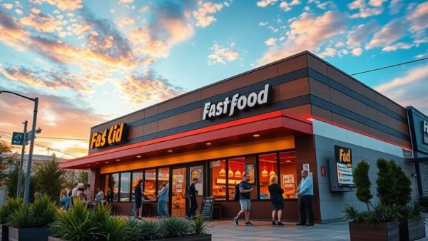 Modern fast-food restaurant with patrons discussing outside.