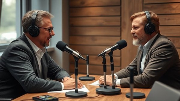 Men chatting on radio show panel, discussing with intensity.