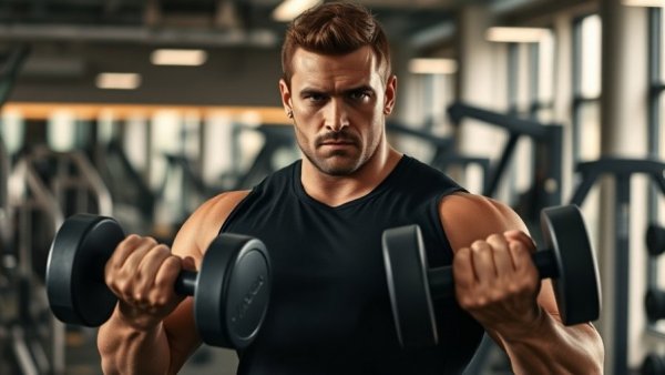 Muscular man practicing FST-7 training method with dumbbells in a gym.
