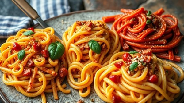 Old Chicago Pizza Fall Menu showcasing colorful pasta dishes on stone surface.